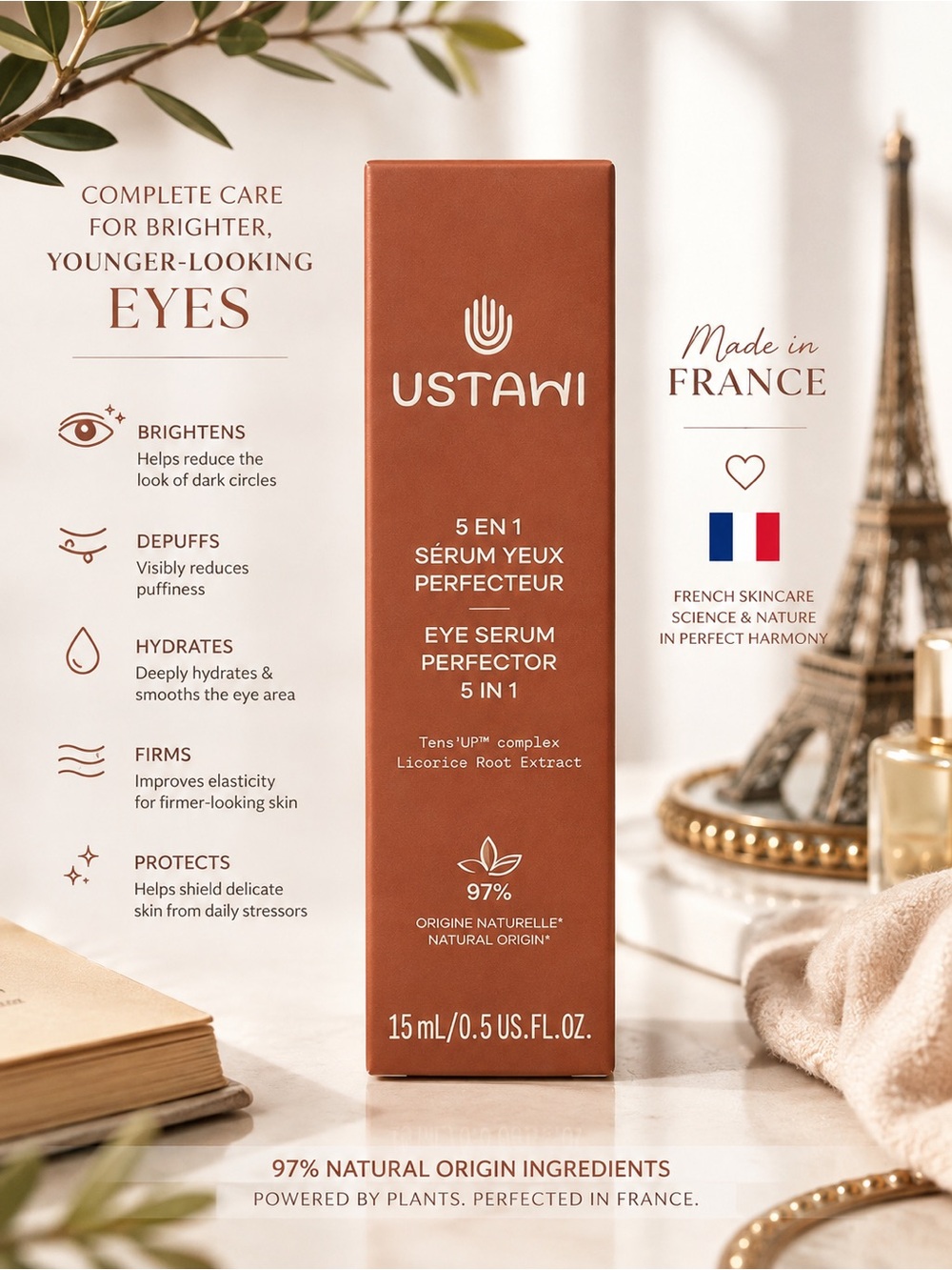 USTAWI 5-in-1 Eye Serum Perfector 15mL Anti-Aging France Licorice Root NIB